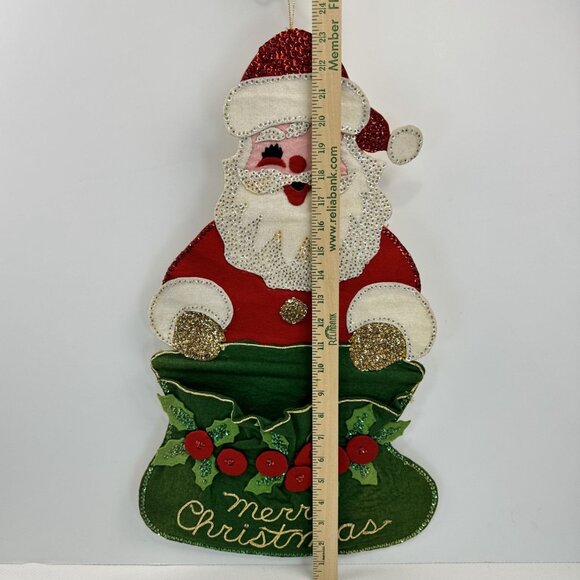Vintage Handmade Felt Santa Wall Hanging Christmas Card Holder Sequins 23" Retro - Picture 12 of 12